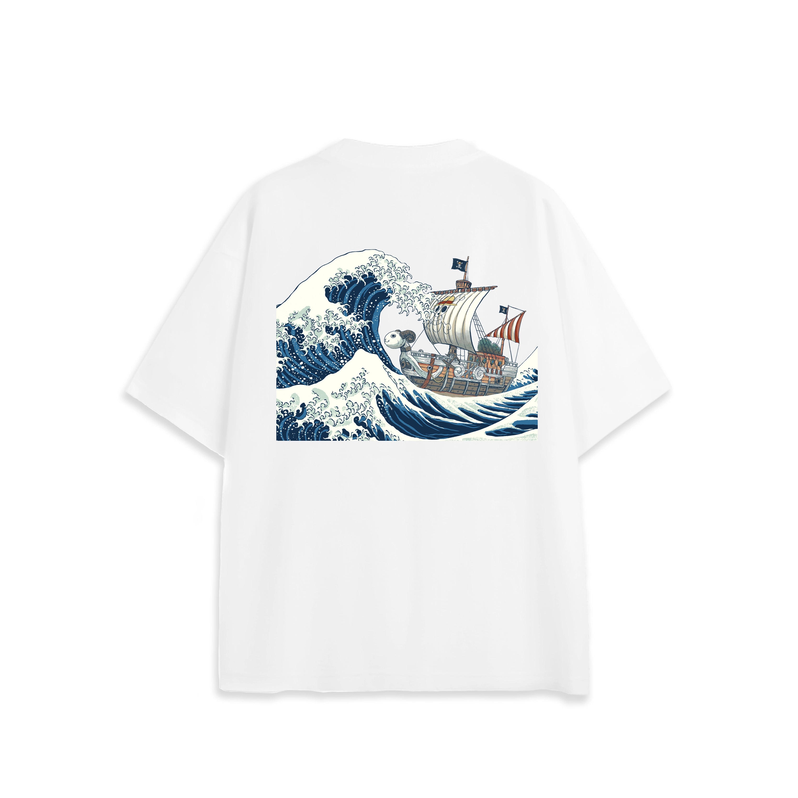 Back view of oversized white NO1 Apparels anime t-shirt, subtle anime clothing inspired by One Piece, Going Merry design featuring the ship sailing on The Great Wave.