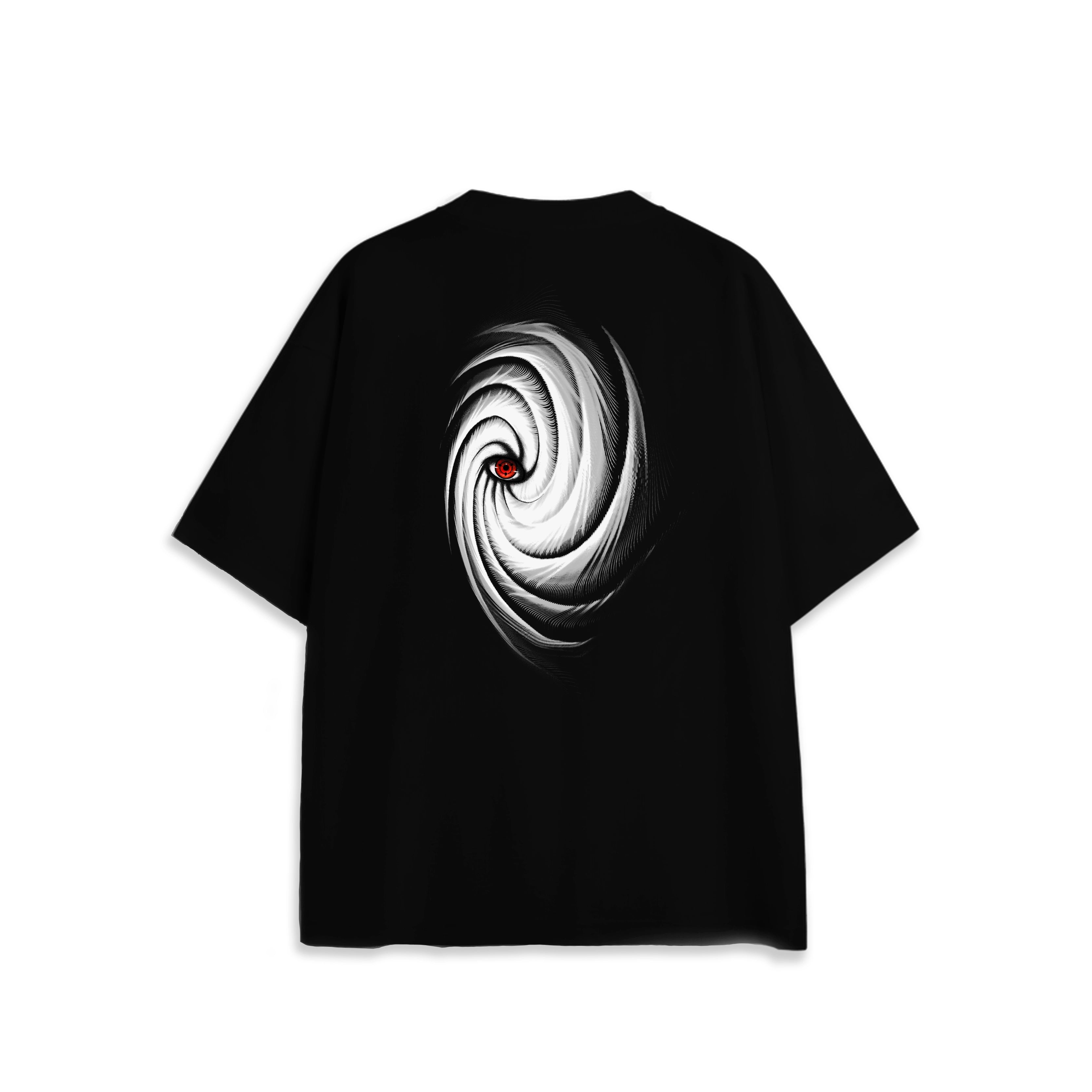 Back view of oversized black NO1 Apparels anime t-shirt, subtle anime streetwear inspired by Naruto featuring Obito mask design.