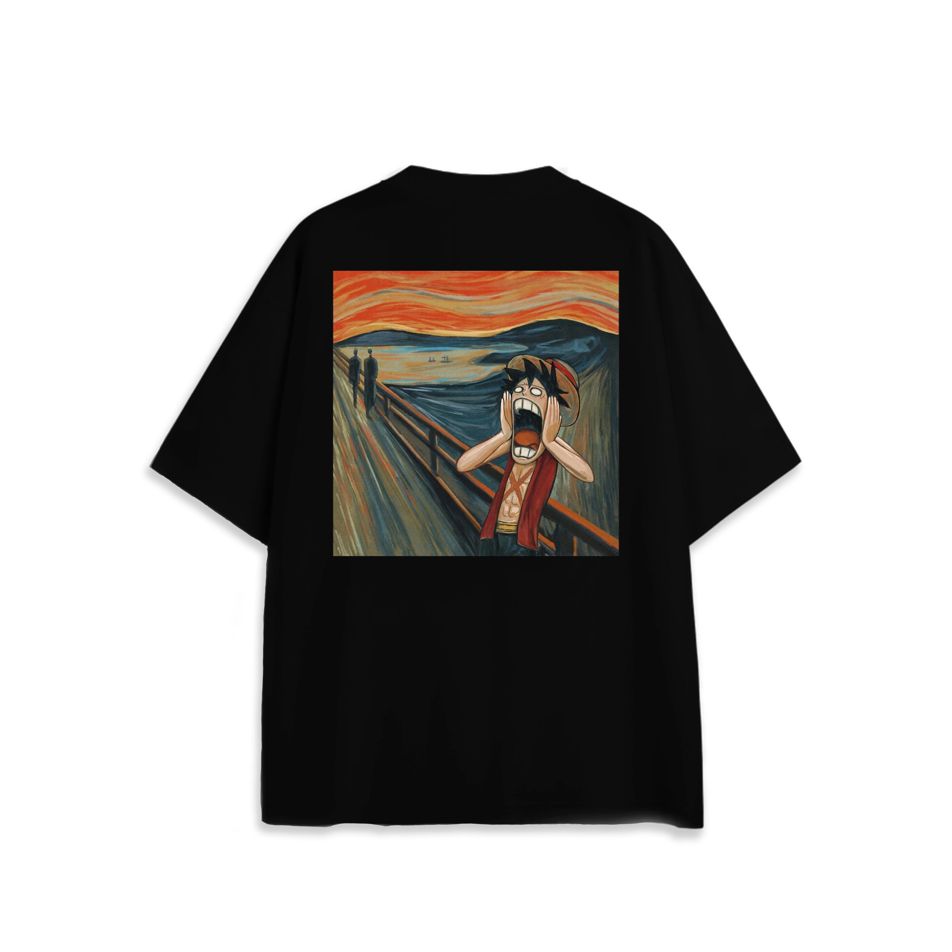 Back view of oversized black NO1 Apparels anime t-shirt, subtle anime clothing inspired by One Piece, Pirate’s Scream design reimagining The Scream painting.