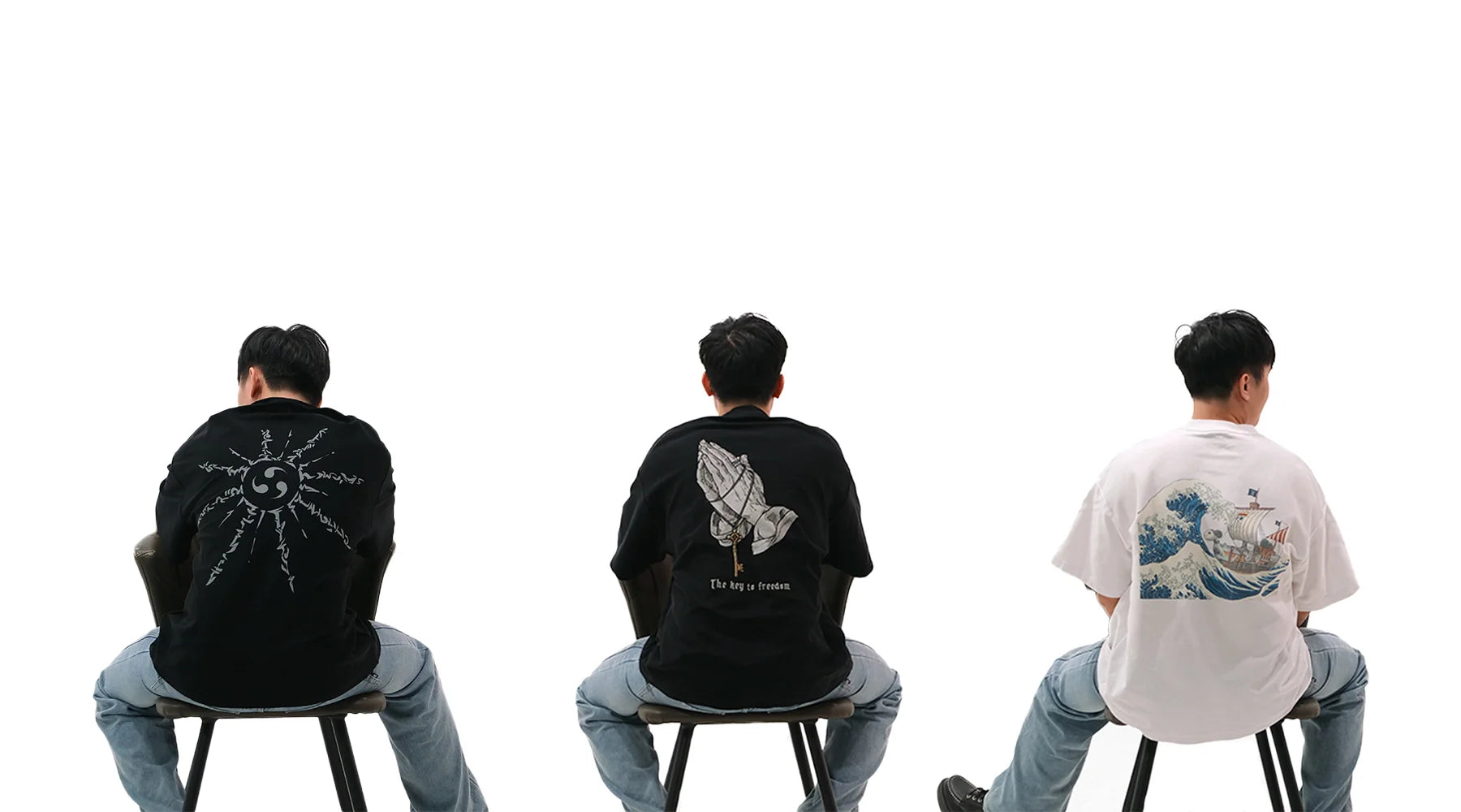 NO1 APPARELS hero image showcasing oversized unisex anime clothing — three models wearing subtle anime-inspired t-shirts in premium streetwear style.