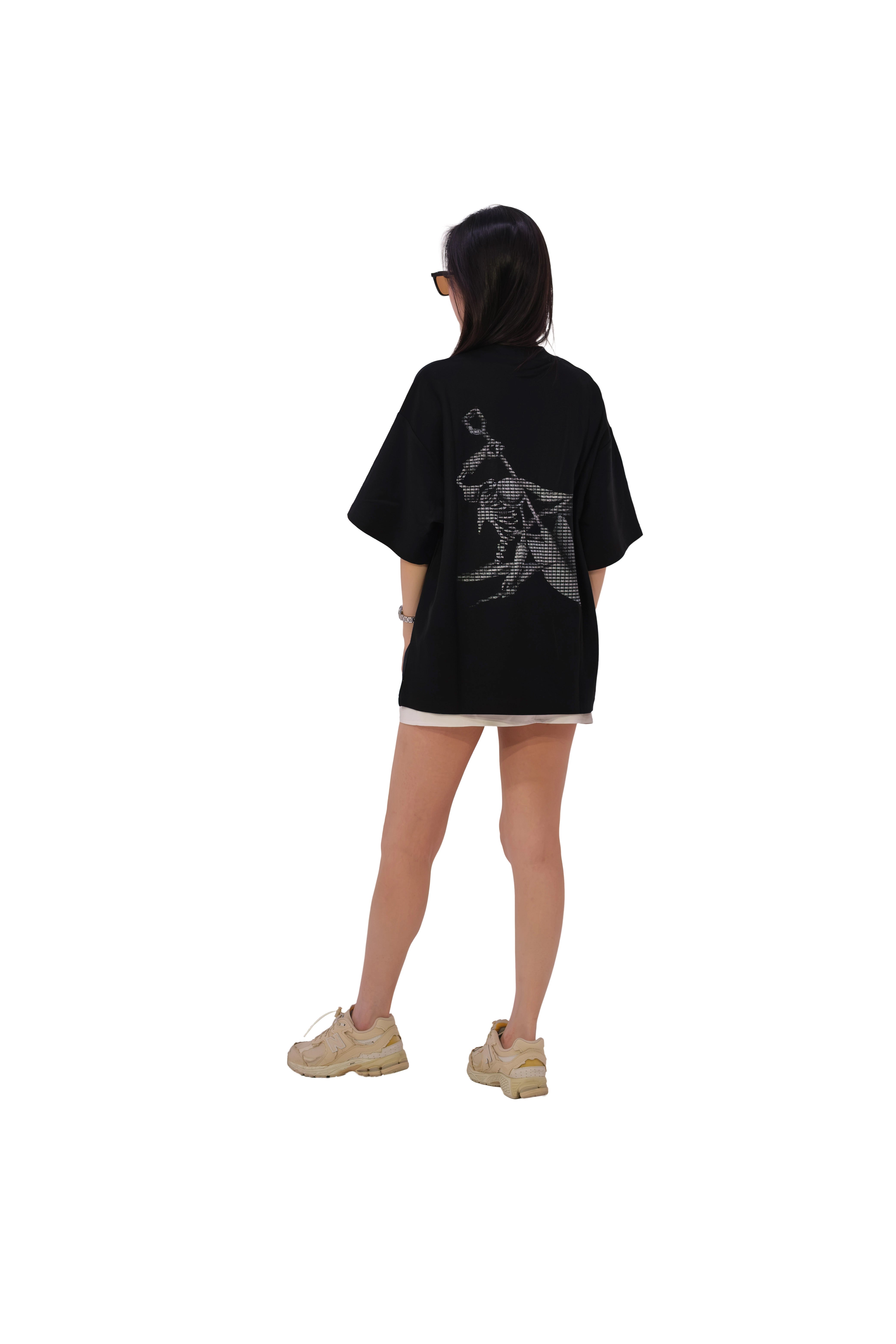 Back view of oversized black NO1 Apparels anime t-shirt, subtle anime clothing inspired by 86 with Undertaker personal mark graphic, worn by female model.