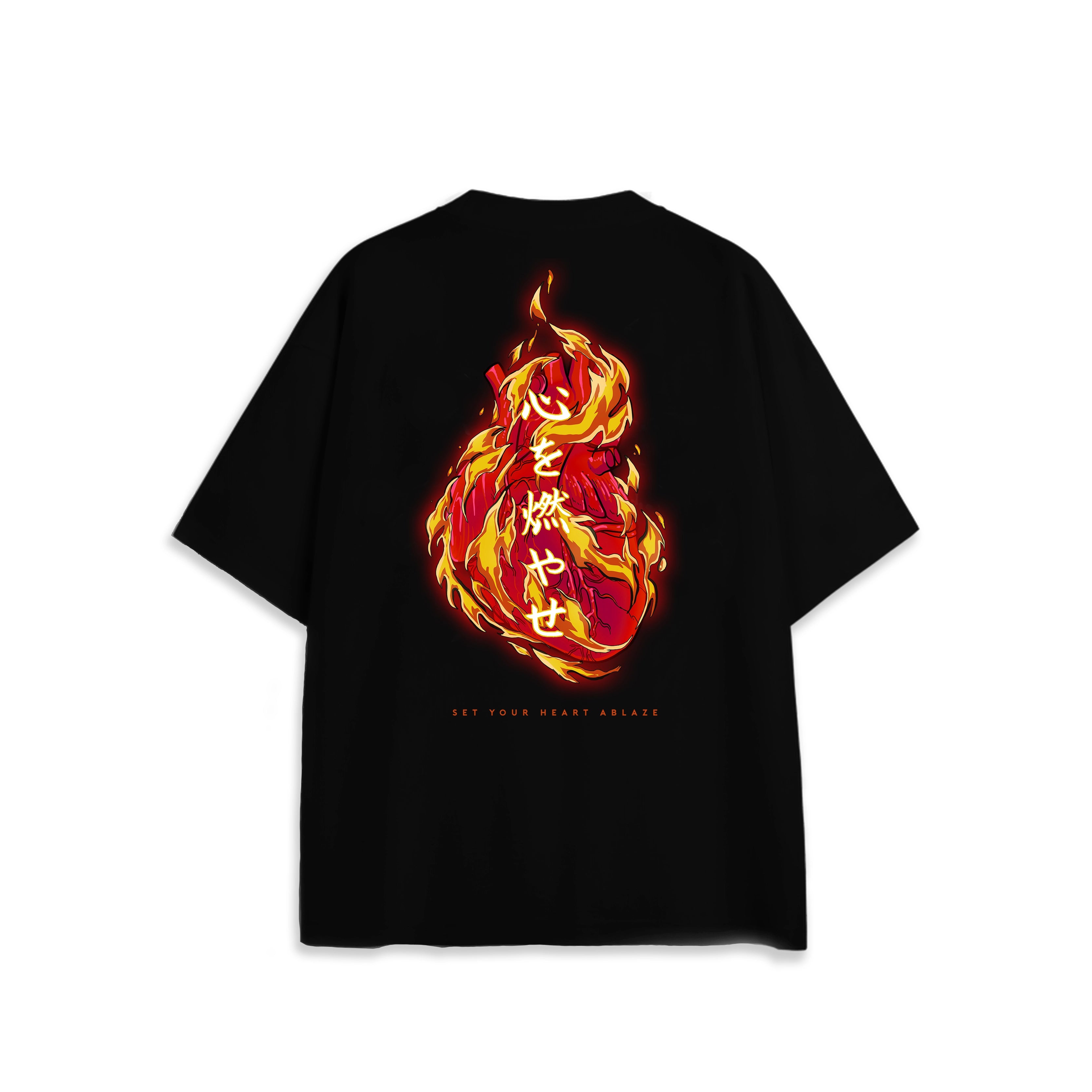 Back view of oversized black anime t-shirt with flame graphic and subtle kanji design.