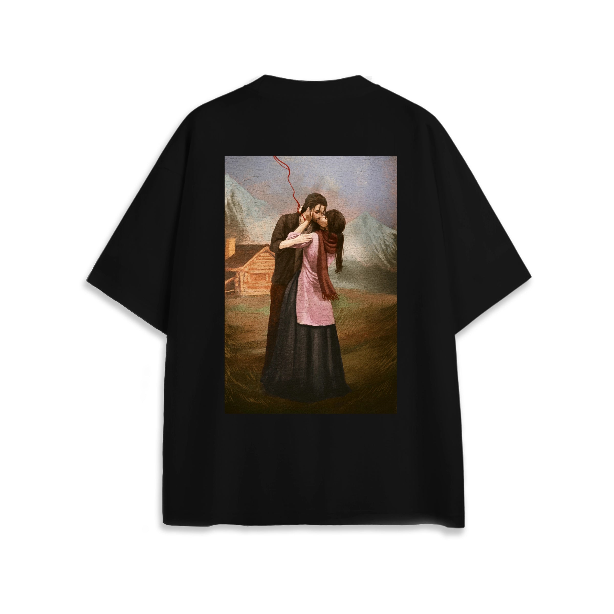 Back view of oversized black NO1 Apparels anime t-shirt, subtle anime clothing inspired by Attack on Titan, Cabin's Kiss design featuring minimalist graphic inspired by Attack on Titan's Cabin Scene.