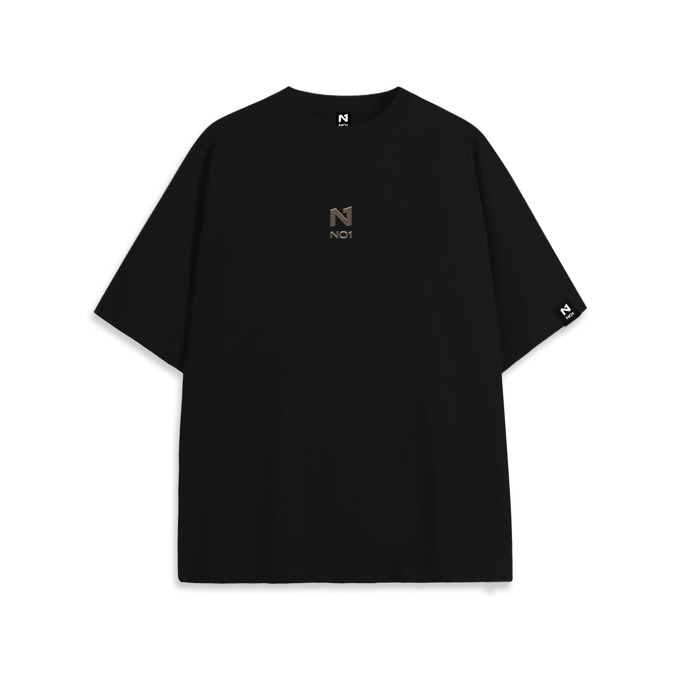 Front view of oversized black NO1 Apparels anime t-shirt, subtle anime clothing inspired by Attack on Titan, Cabin's Kiss design featuring NO1 Logo.
