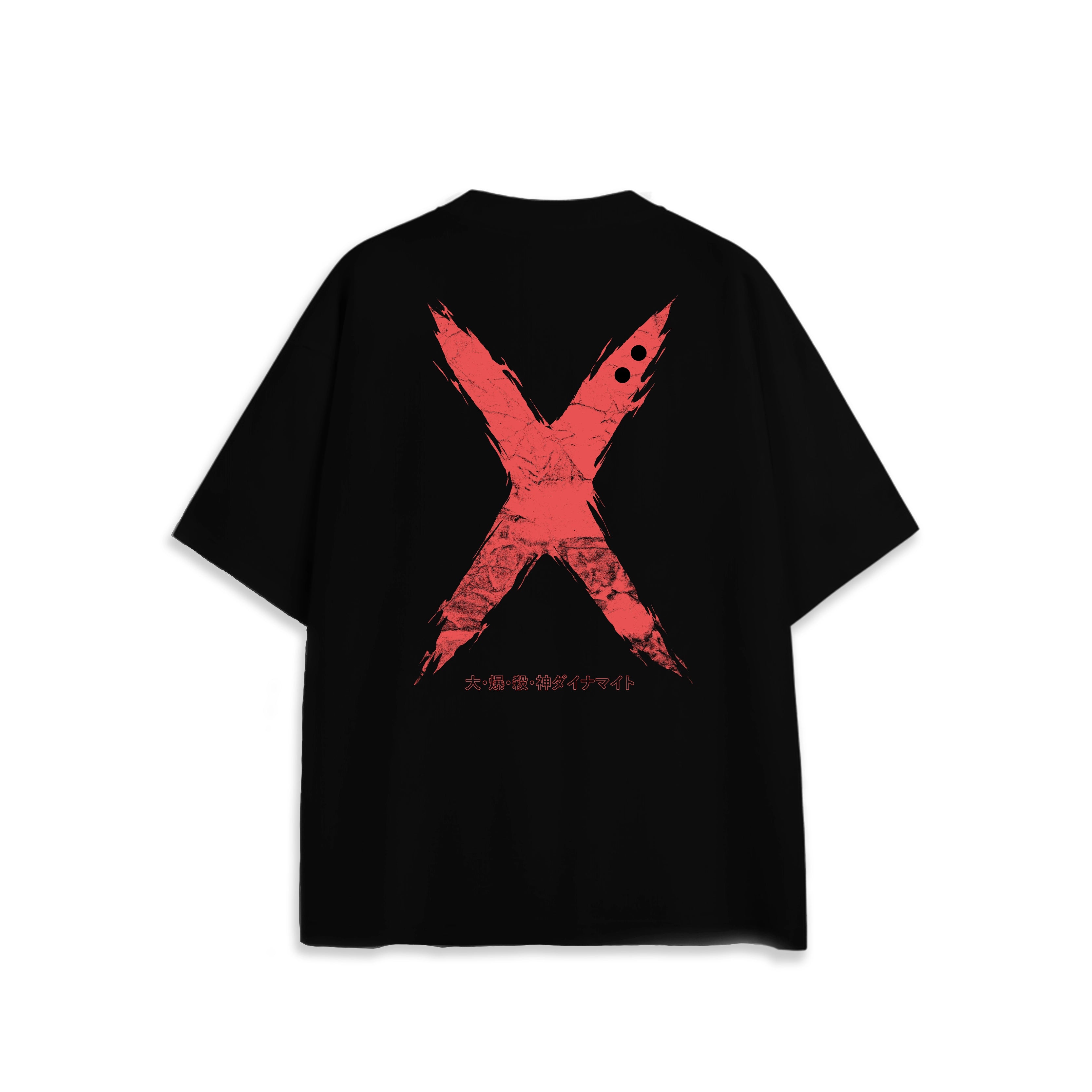 Back view of oversized black NO1 Apparels anime t-shirt, subtle anime clothing inspired by My Hero Academia, Bakugo design featuring bold red X motif.