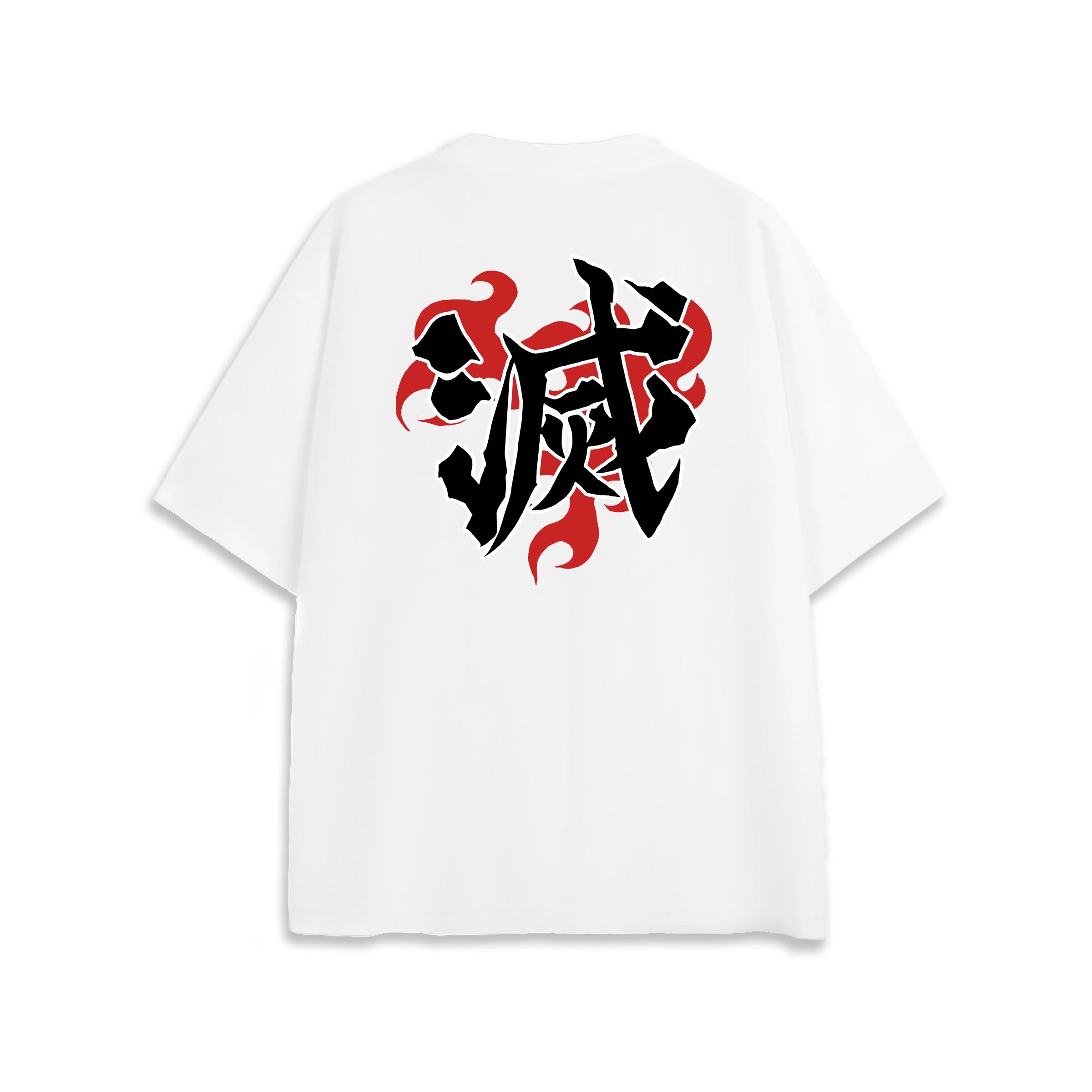 Back view of oversized white NO1 Apparels anime t-shirt, subtle anime clothing inspired by Demon Slayer, Demon Slayer Corps Uniform design featuring the 滅 motif.