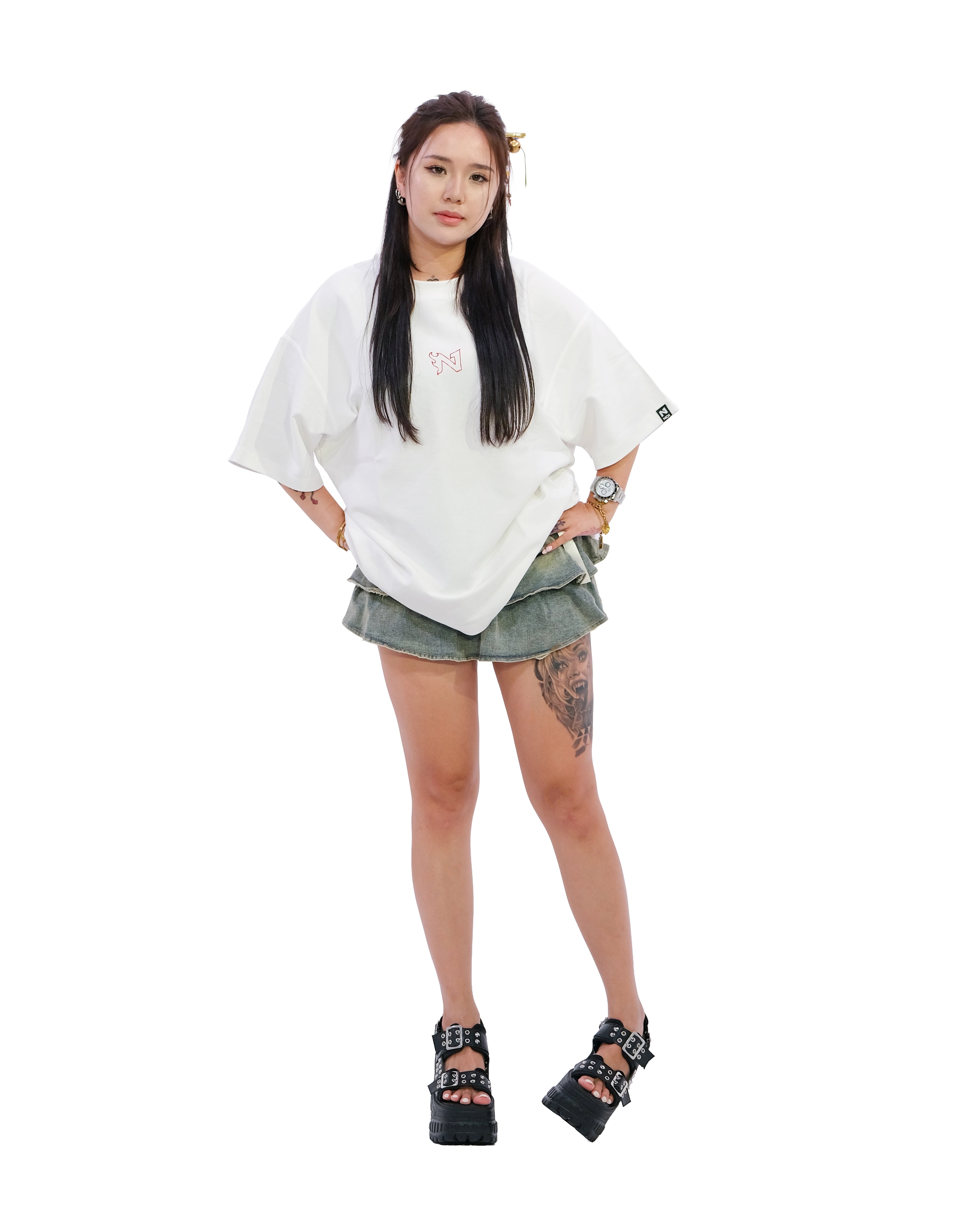 Front view of oversized white NO1 Apparels anime t-shirt, subtle anime clothing inspired by Demon Slayer, Demon Slayer Corps Uniform design featuring NO1 logo, worn by female model.