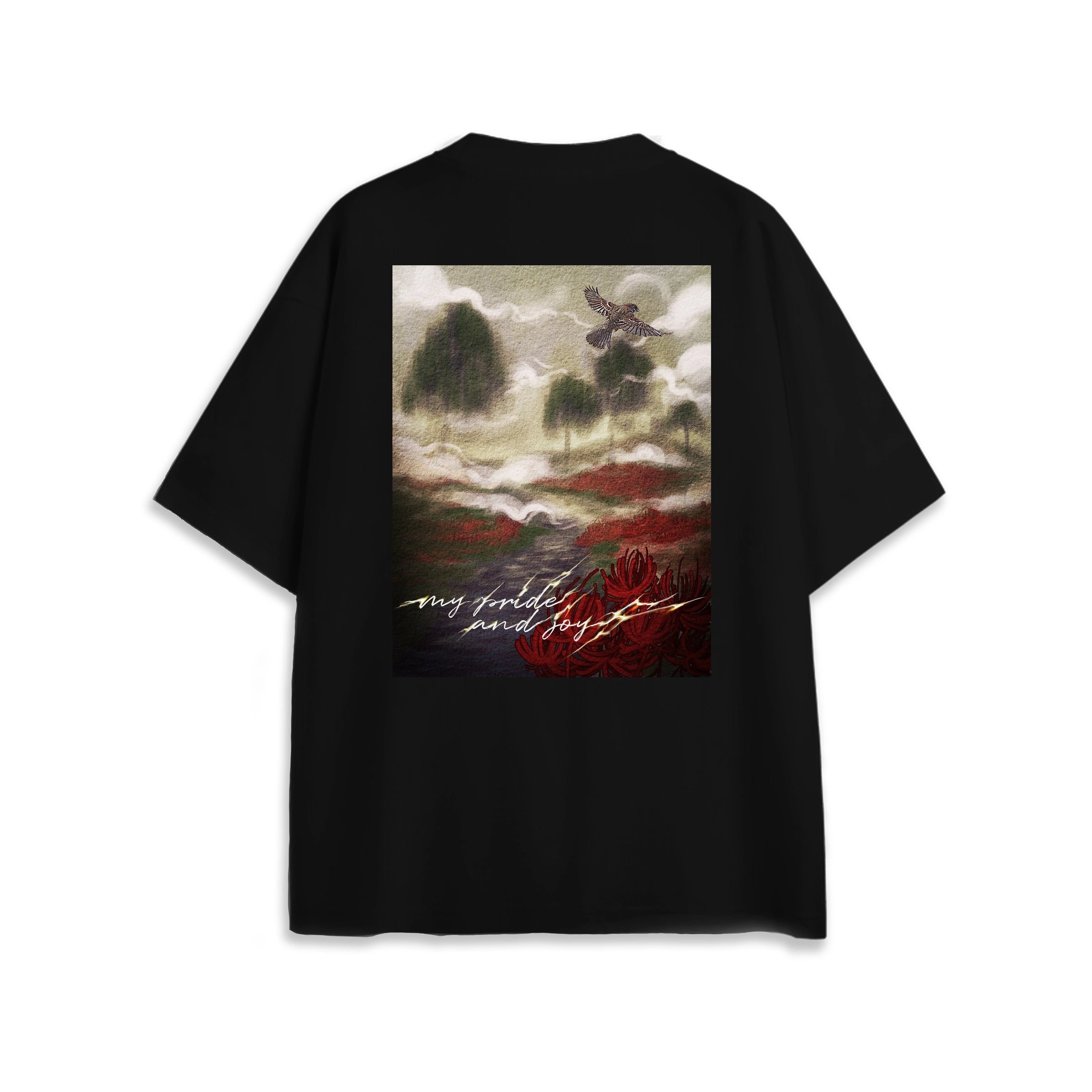 Back view of oversized black NO1 Apparels anime t-shirt, subtle anime clothing inspired by Demon Slayer, My Pride and Joy, Zenitsu design featuring a flower field.