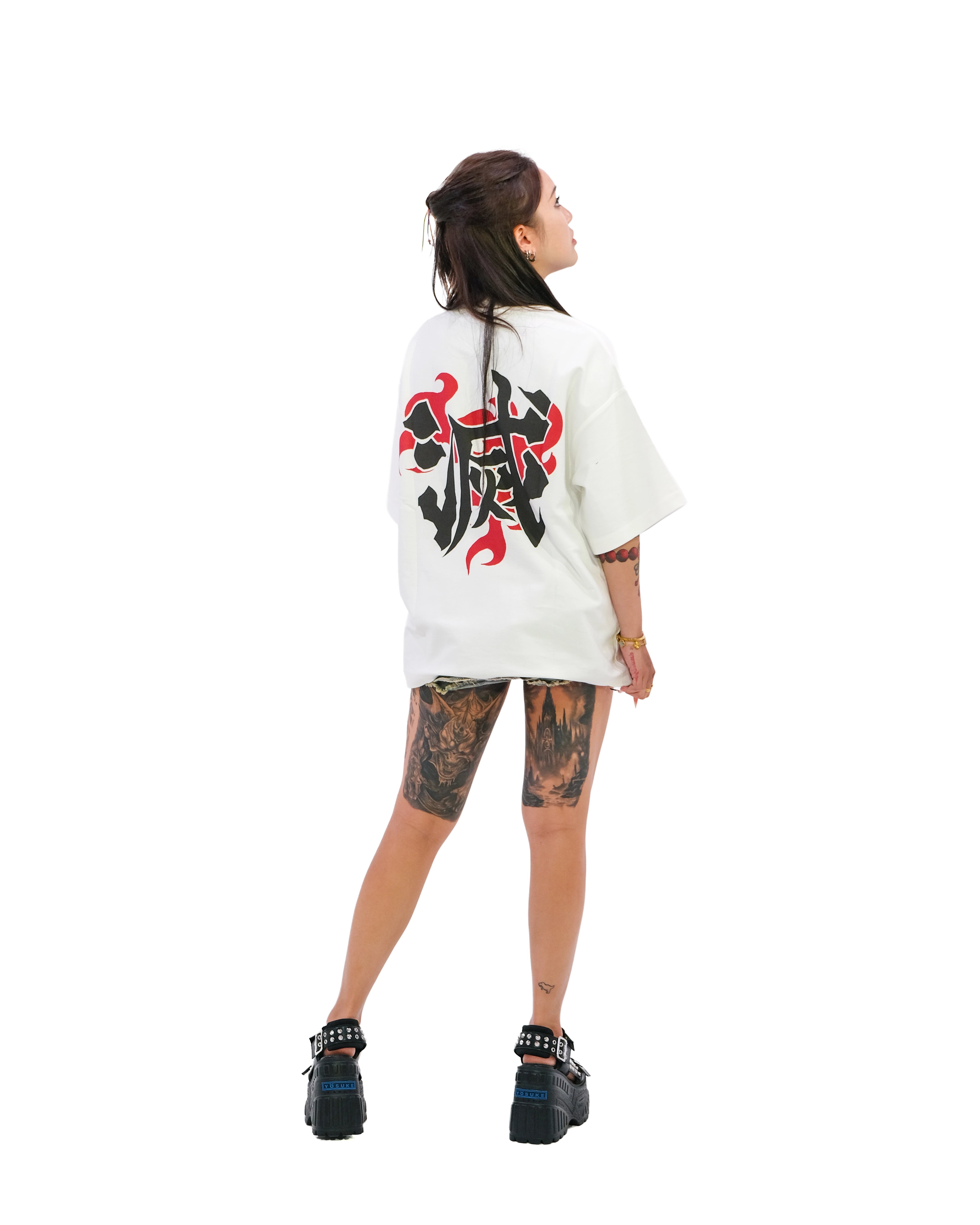 Back view of oversized white anime clothing t-shirt with subtle kanji design.