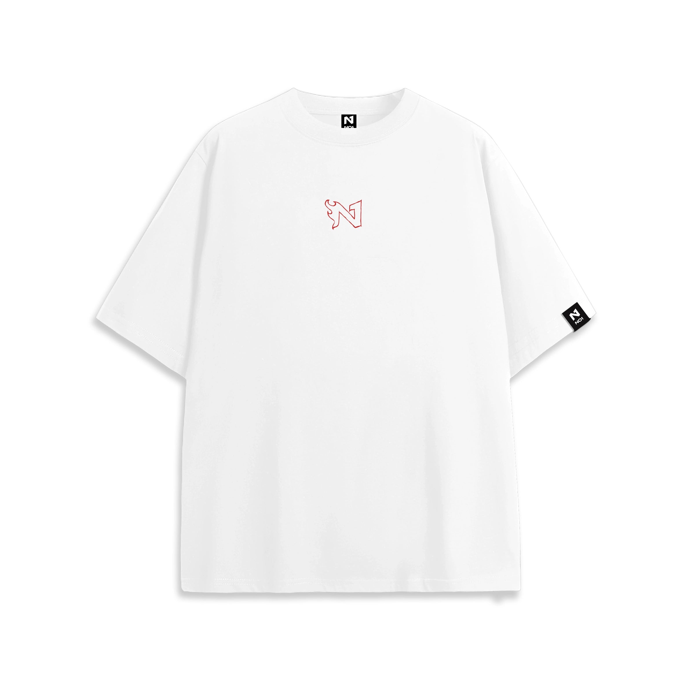 Front view of oversized white anime t-shirt with subtle minimalist design, streetwear style.