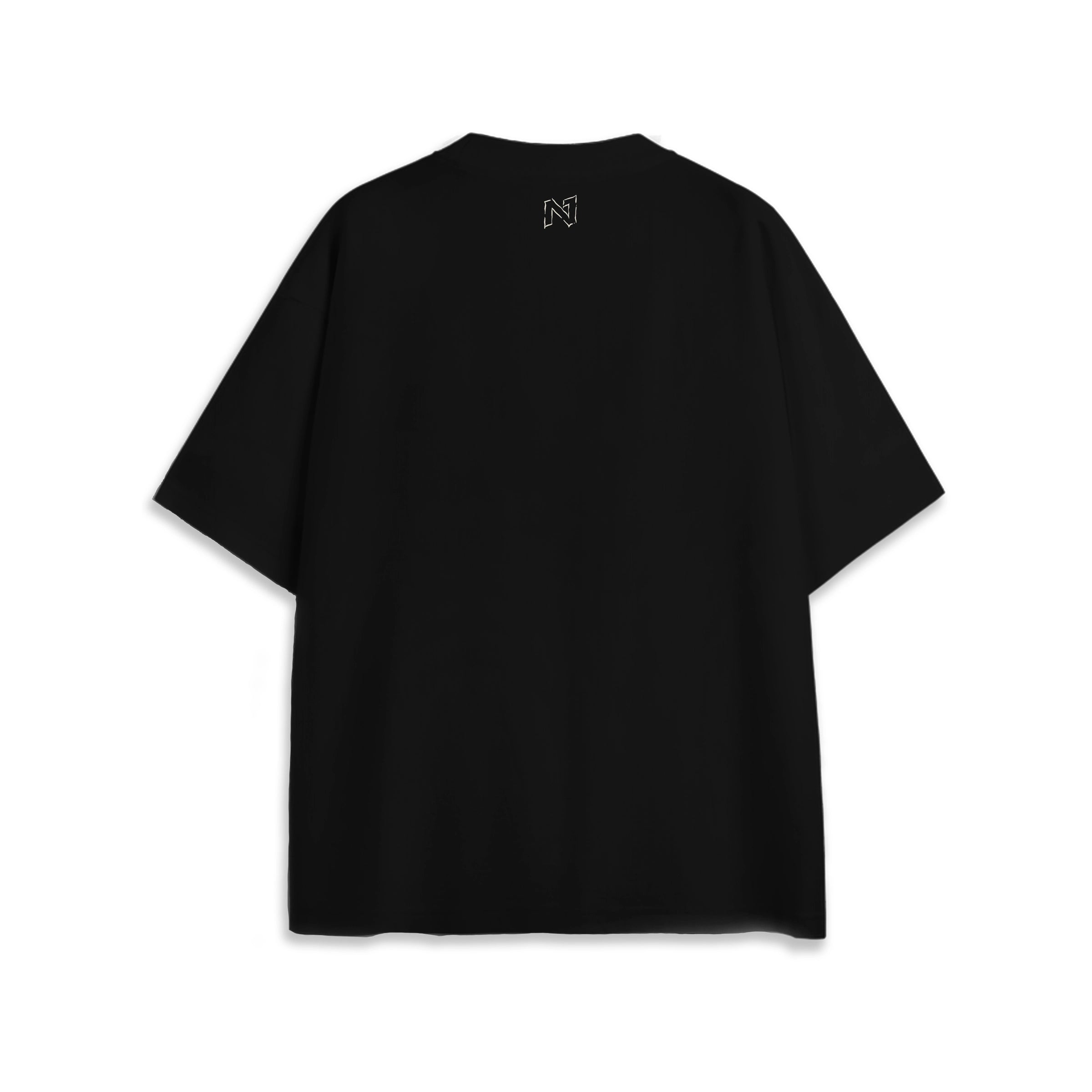 Back view of oversized black NO1 Apparels anime t-shirt, subtle anime clothing inspired by One Piece, Enemies of the Gods design featuring NO1 Logo.