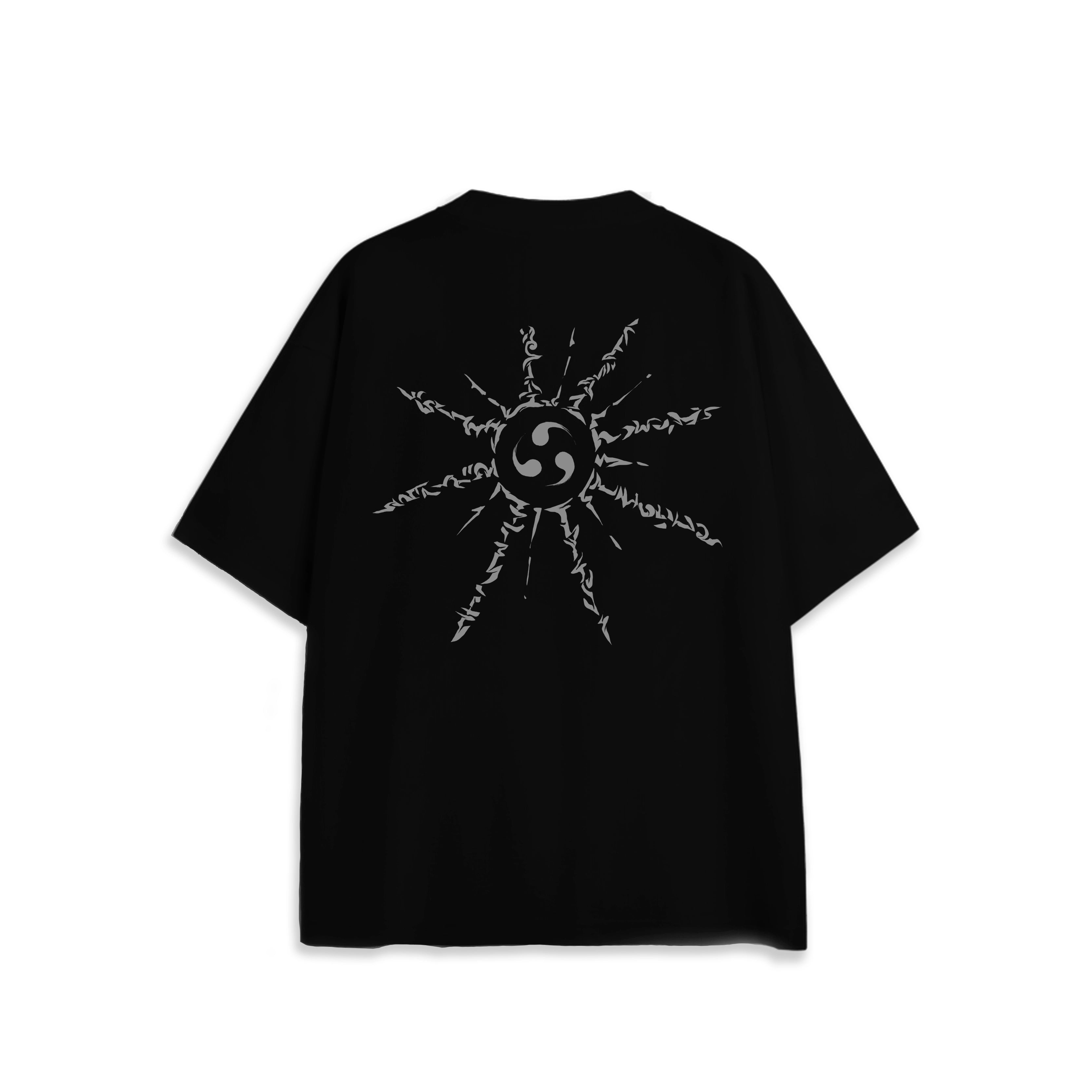 Back view of oversized black anime t-shirt with symbolic mark graphic design.