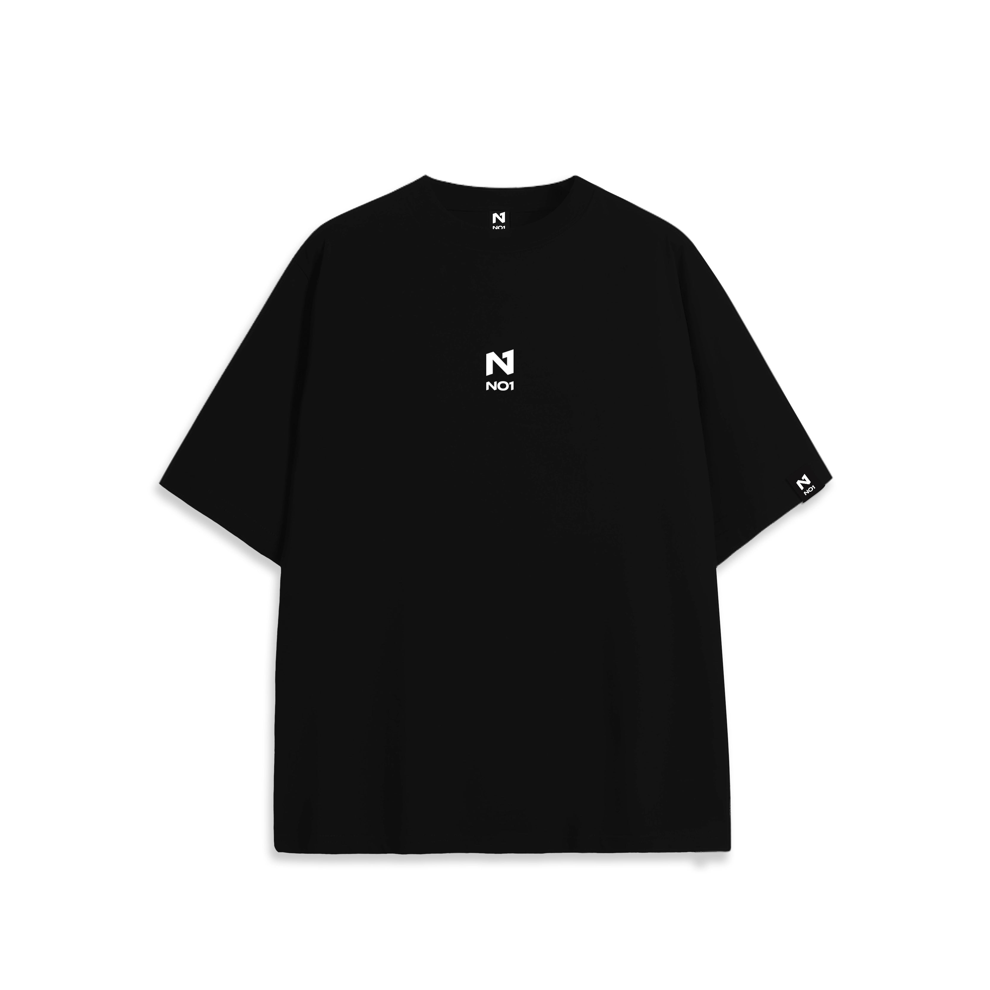 Front view of oversized black anime t-shirt with subtle minimalist design.