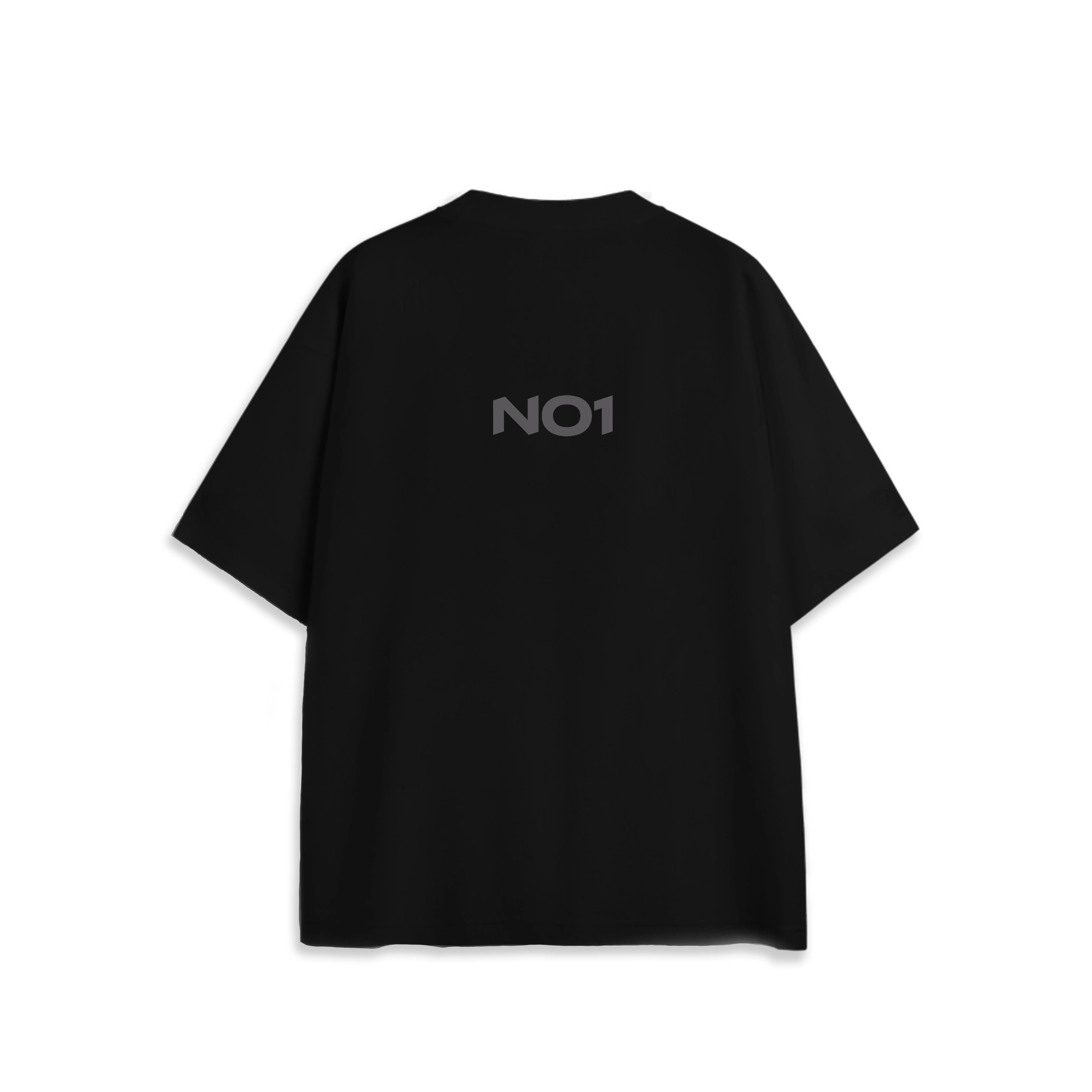 Back view of oversized black anime t-shirt with subtle minimalist design.