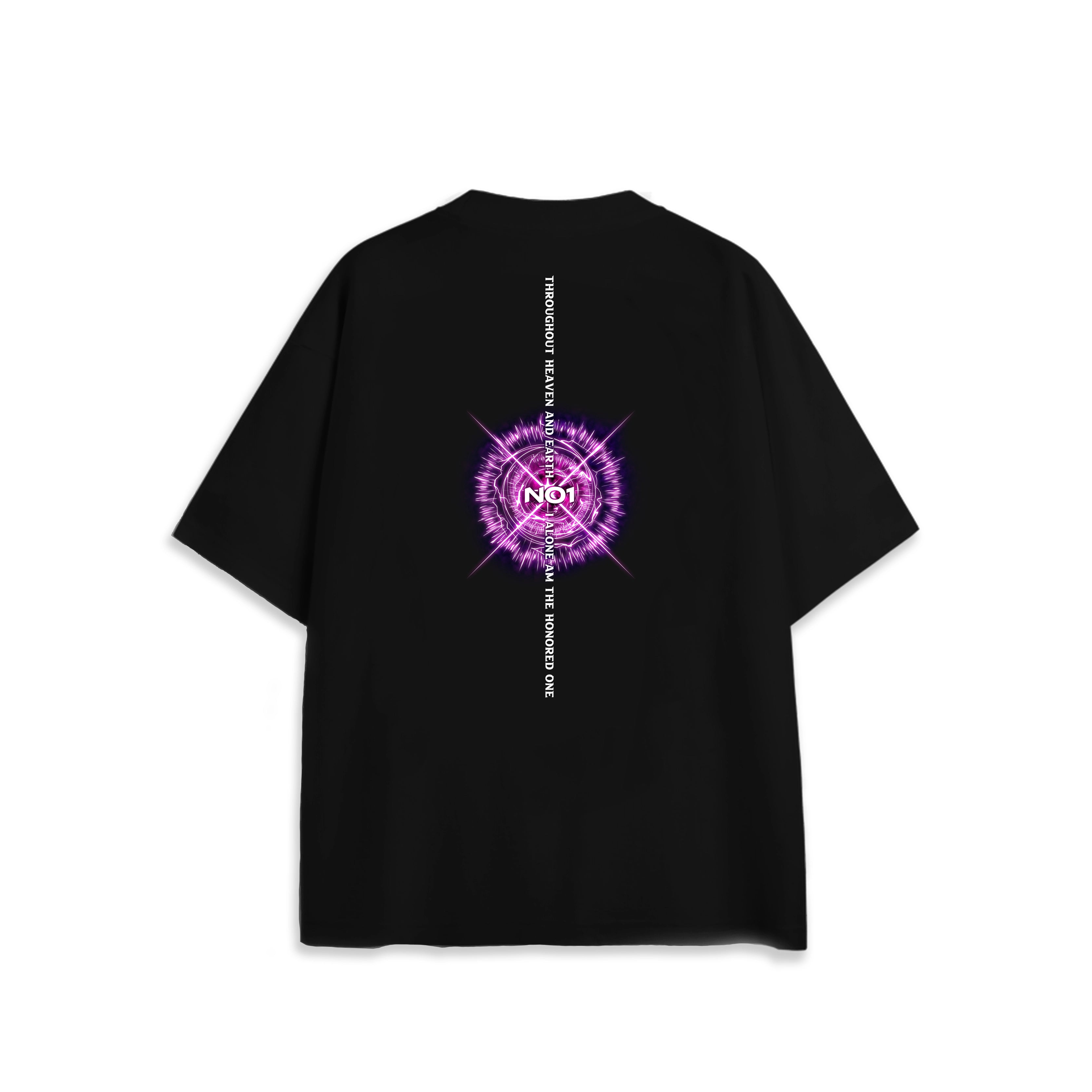 Back view of oversized black anime t-shirt with symbolic graphic design.