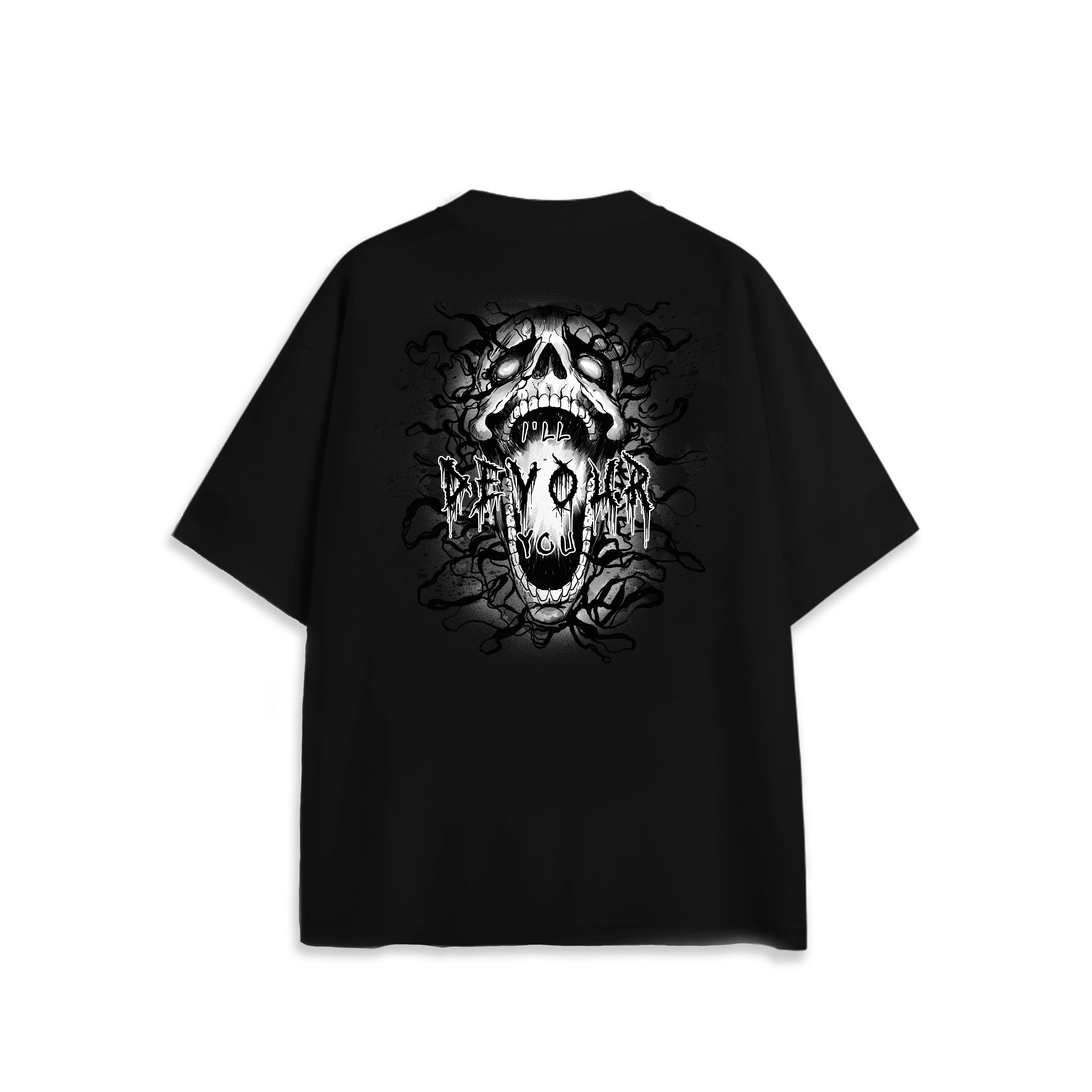 Back view of oversized black NO1 Apparels anime t-shirt, subtle anime clothing inspired by Blue Lock, featuring Devour design with skull and shadowy motif.