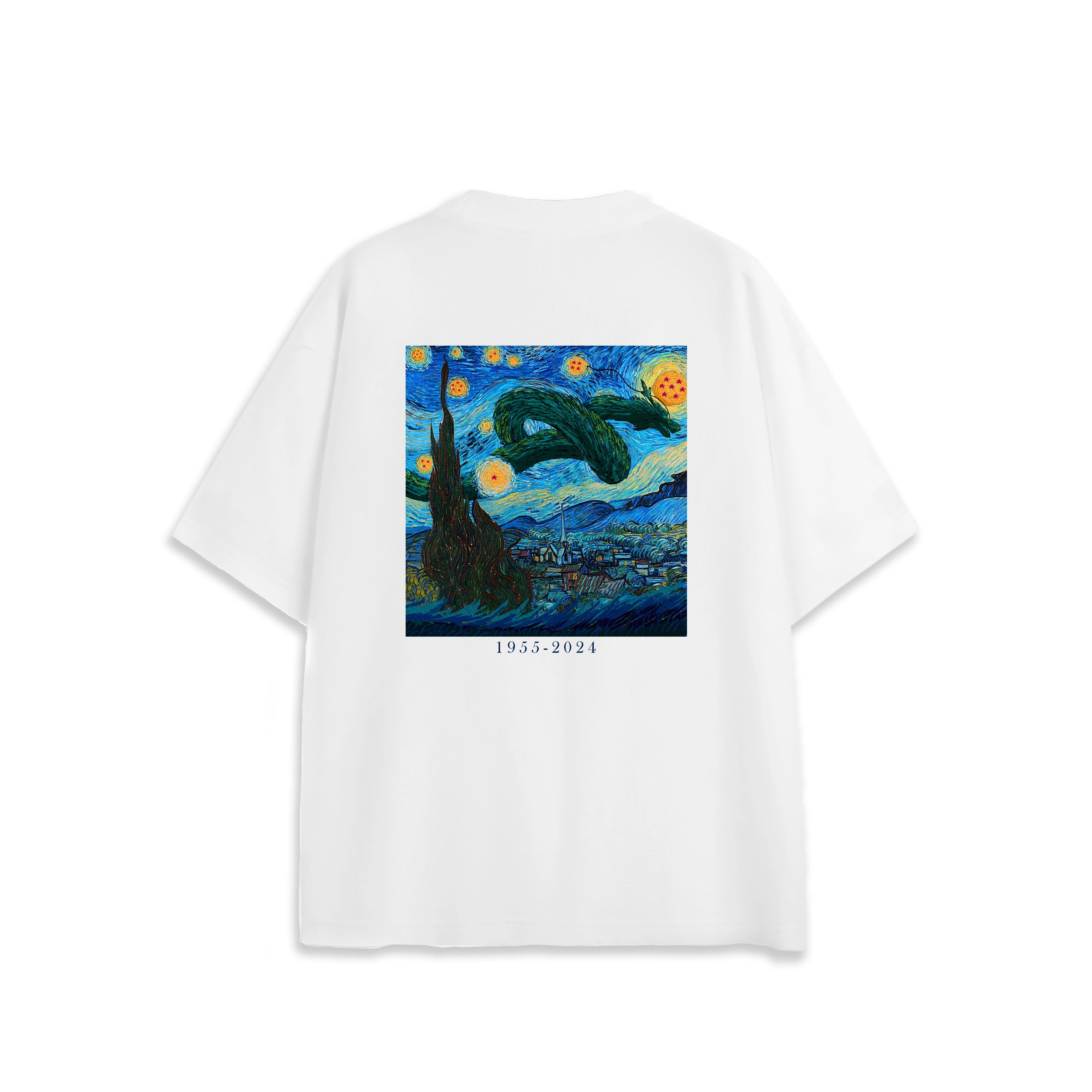 Back view of oversized white NO1 Apparels anime t-shirt, subtle anime streetwear featuring Starry Dragon Night design inspired by Dragon Ball and Van Gogh.