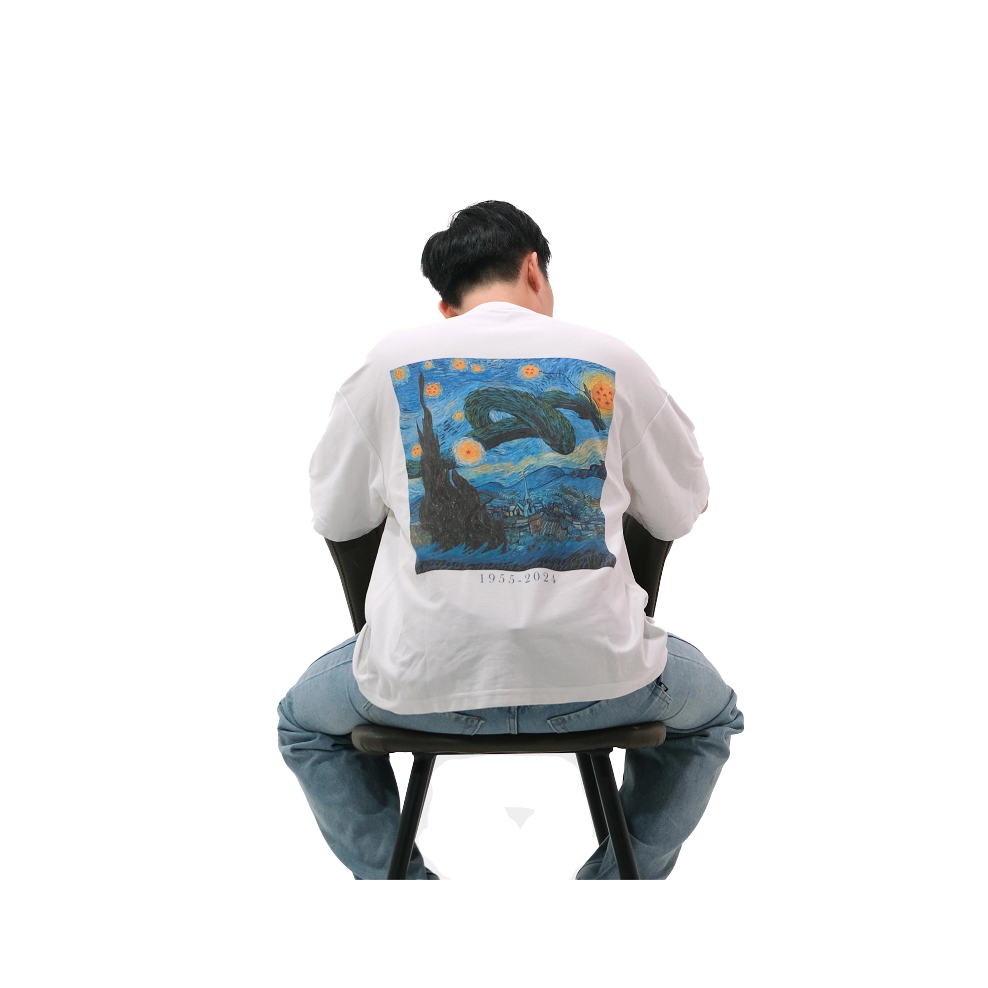 Back view of oversized white NO1 Apparels anime t-shirt, subtle anime streetwear featuring Starry Dragon Night design inspired by Dragon Ball and Van Gogh, worn by male model.