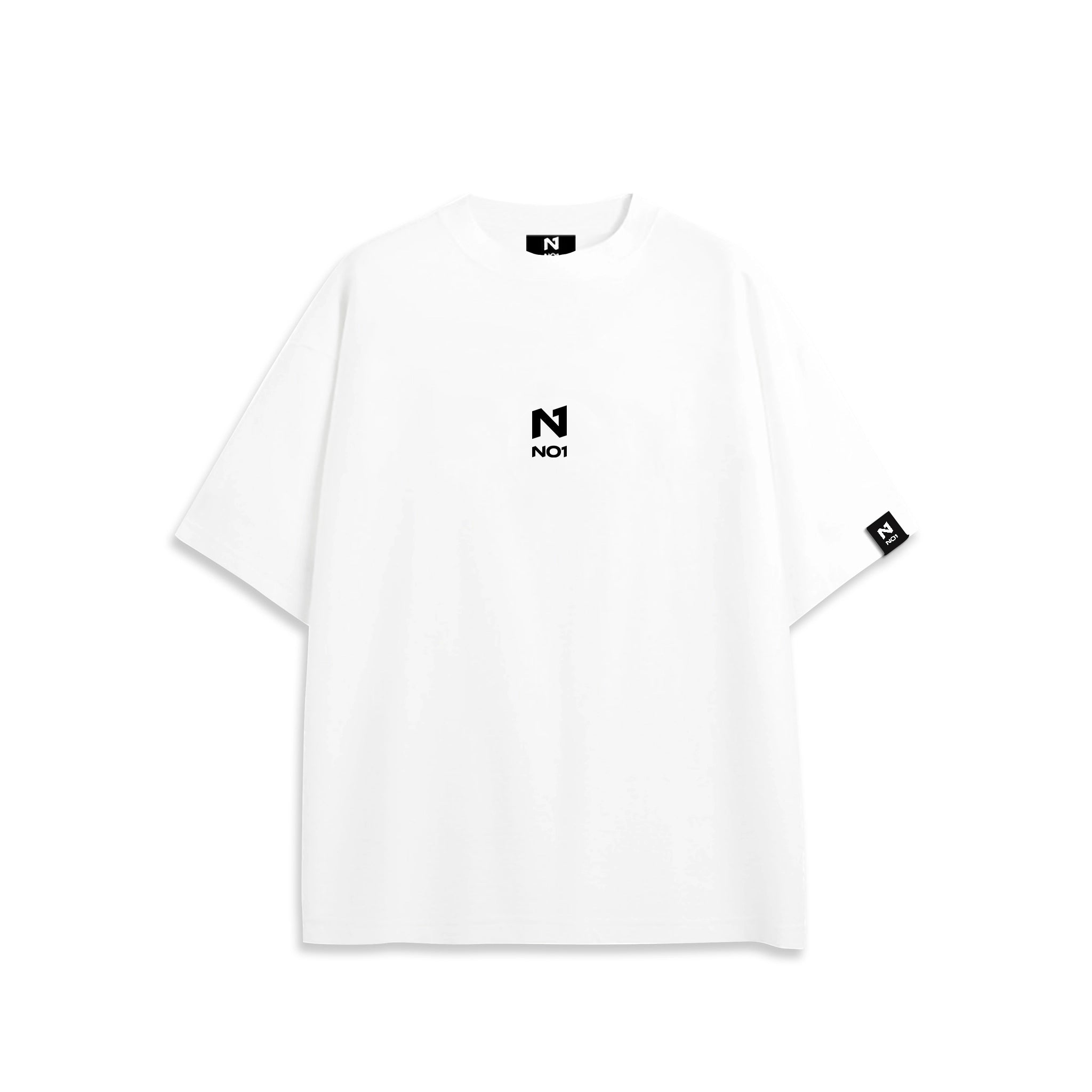 Front view of oversized white NO1 Apparels anime t-shirt, subtle anime clothing with minimalist NO1 logo design.