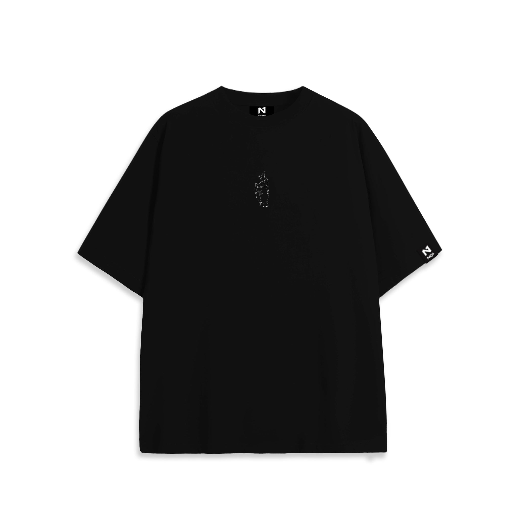 Front view of black oversized subtle anime t-shirt featuring rhinestone hand motif, inspired by Gojo Satoru’s iconic “Honored One” phrase from Jujutsu Kaisen. Premium streetwear by NO1 Apparels.