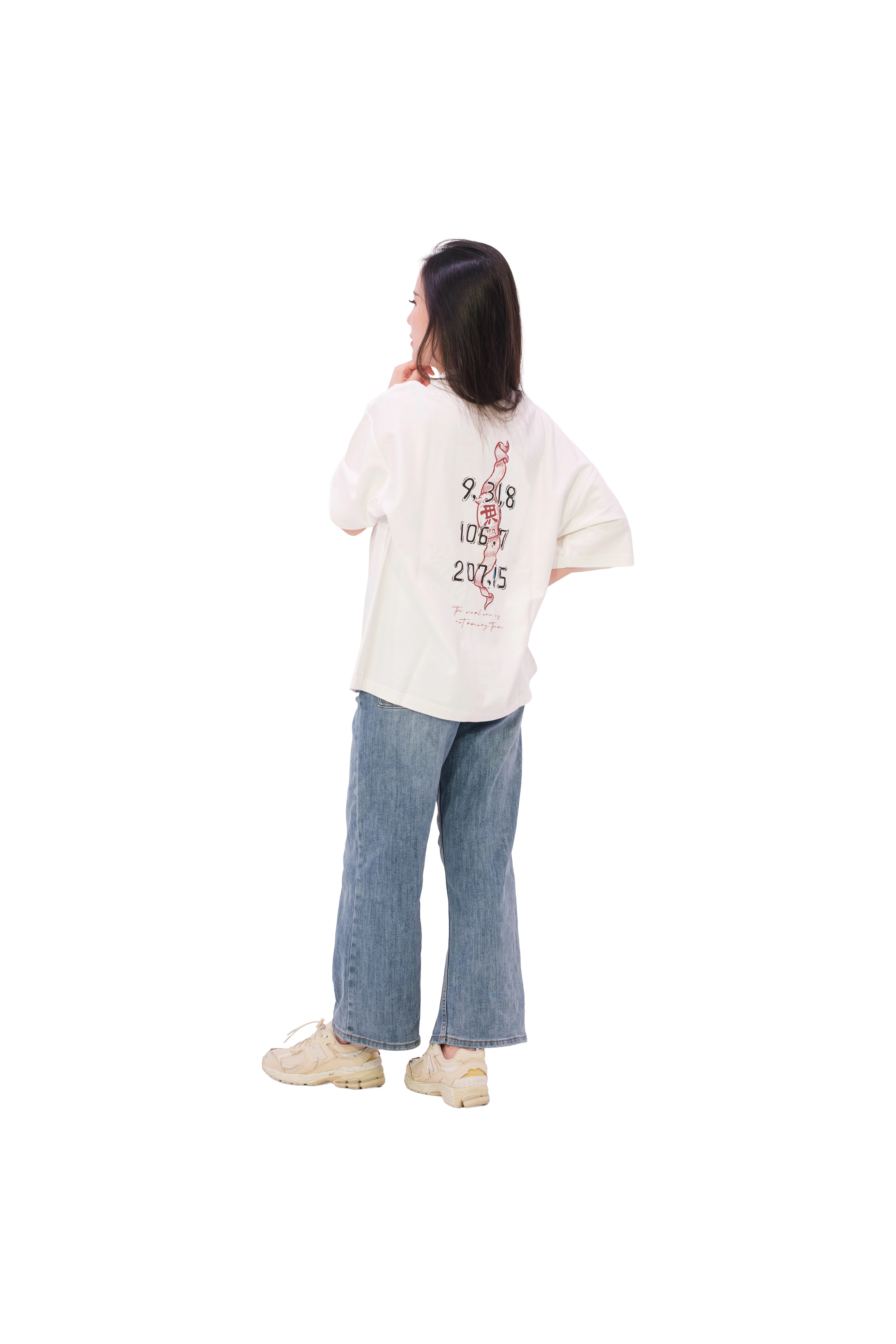 Back view of oversized white NO1 Apparels anime t-shirt, subtle anime clothing with Jiraiya headband graphic inspired by Naruto, worn by standing female model.