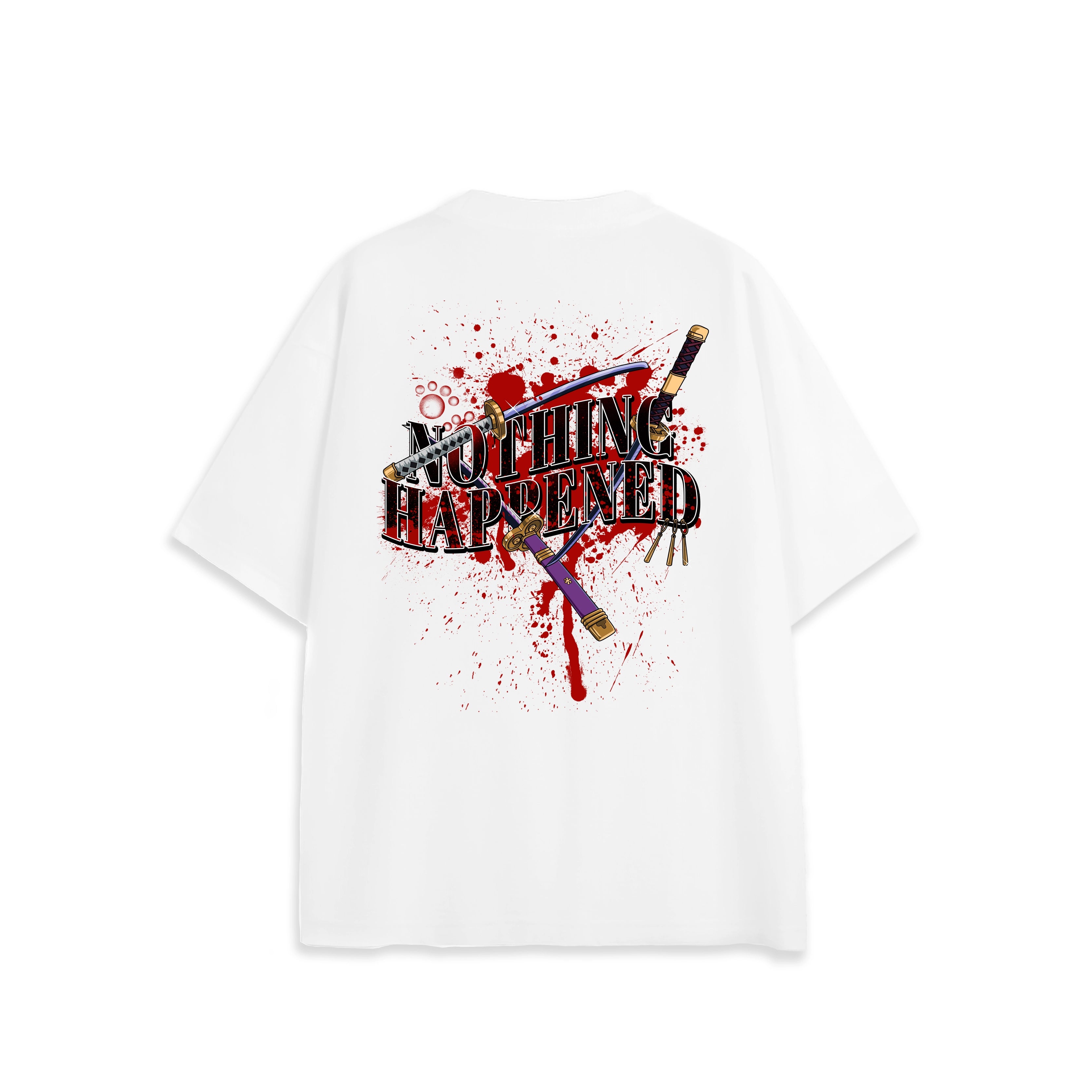 Back view of oversized white NO1 Apparels anime t-shirt, subtle anime clothing inspired by Zoro in One Piece, Nothing Happened design featuring Zoro's three swords.