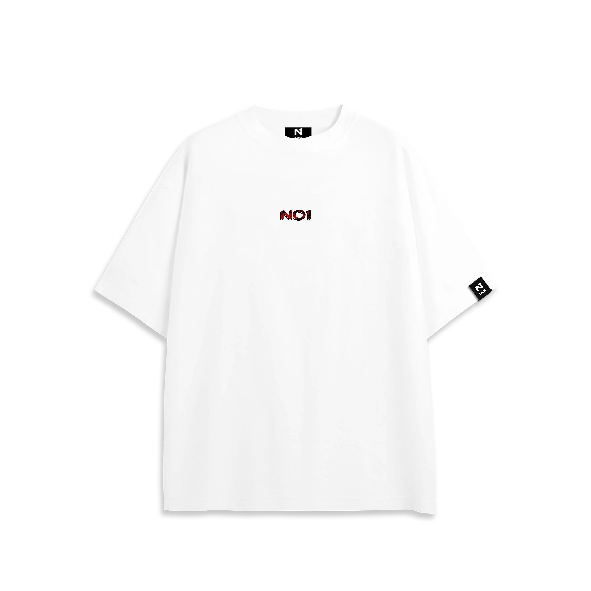 Front view of oversized white NO1 Apparels T-shirt — subtle anime clothing inspired by Zoro from One Piece. Minimalist oversized streetwear design, crafted as premium anime apparel for everyday wear.