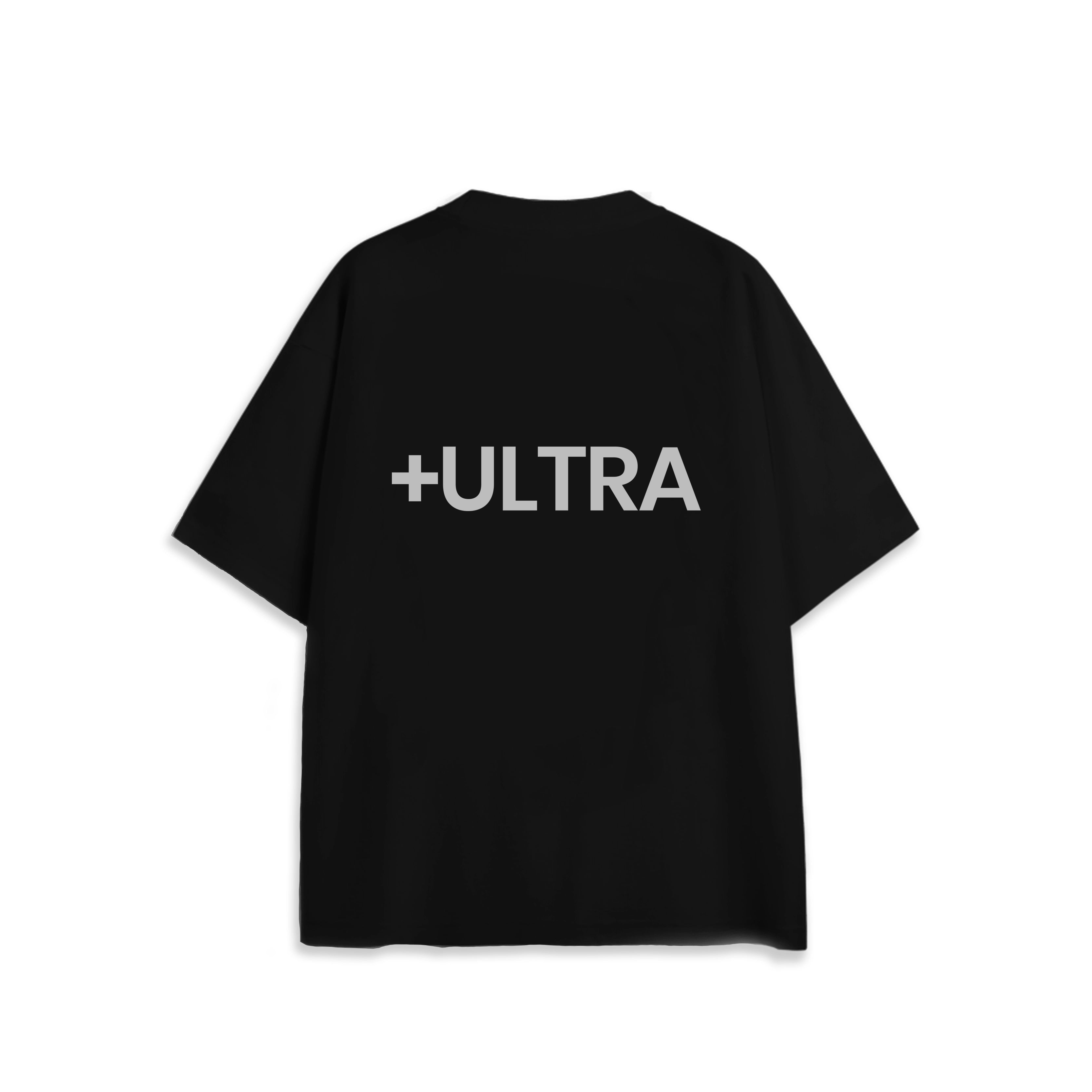 Back view of oversized black NO1 Apparels anime t-shirt, subtle anime clothing inspired by My Hero Academia, PLUS ULTRA design featuring bold typography.
