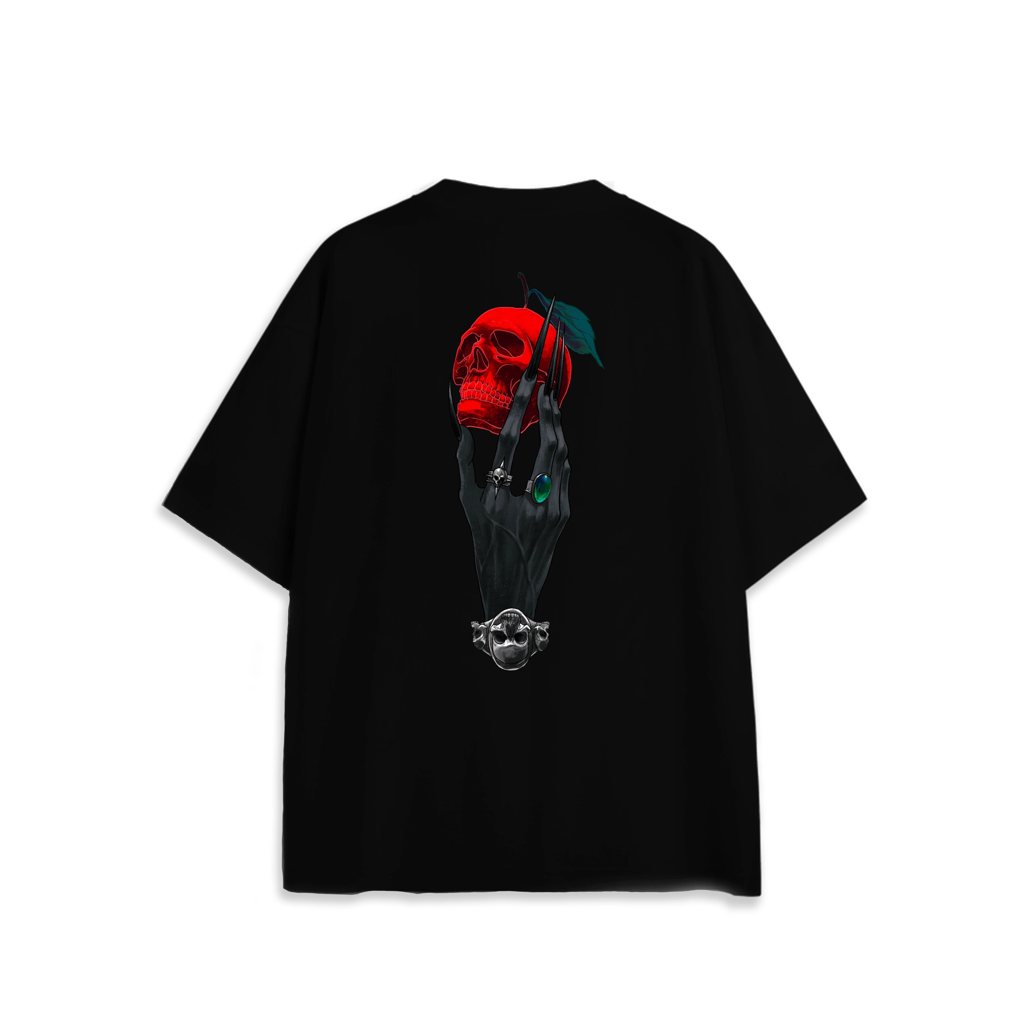 Back view of oversized black NO1 Apparels anime t-shirt, subtle anime clothing inspired by Death Note, Ryuk’s Apple design featuring skull-red apple motif.