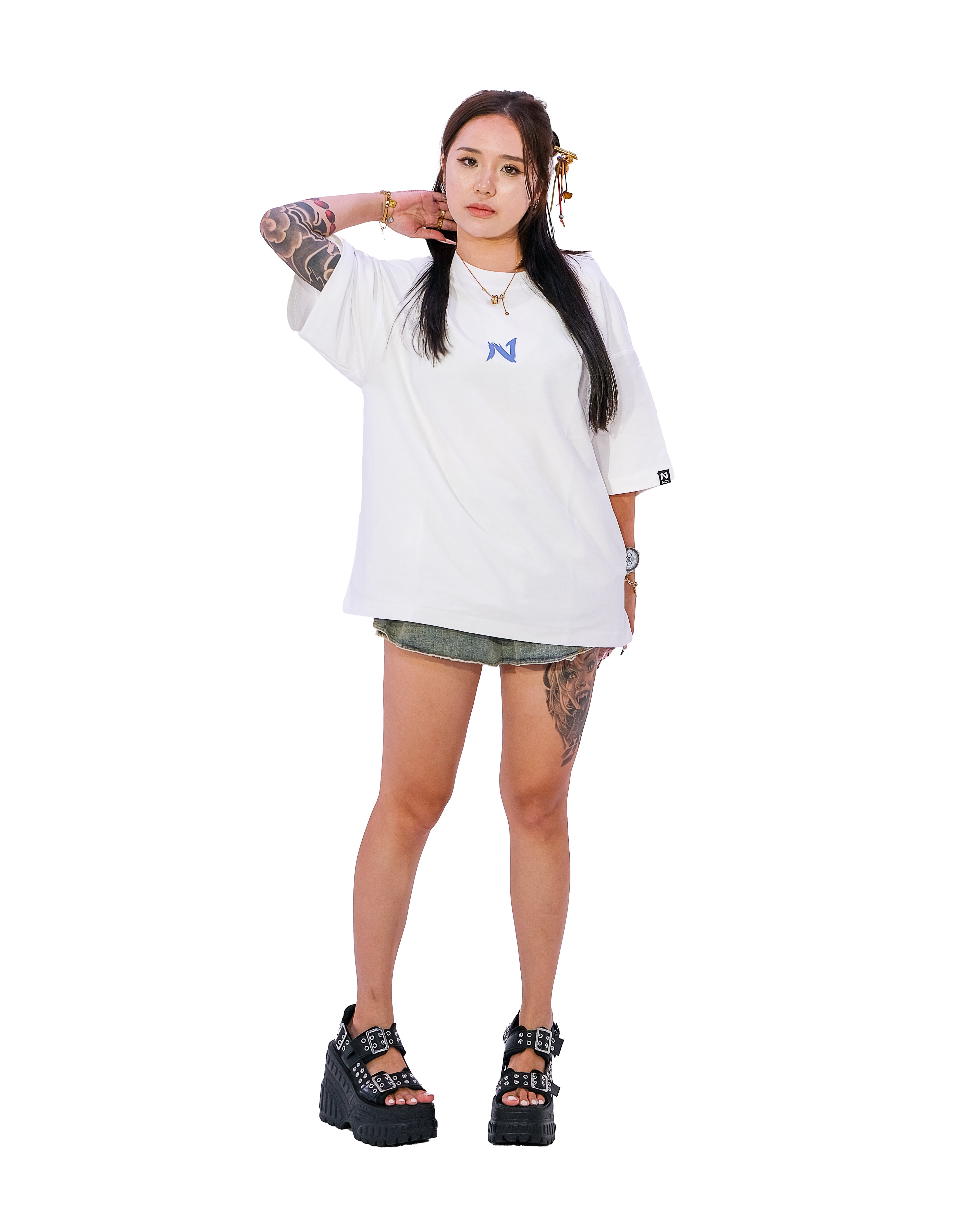 Front view of oversized white anime t-shirt with subtle minimalist design.