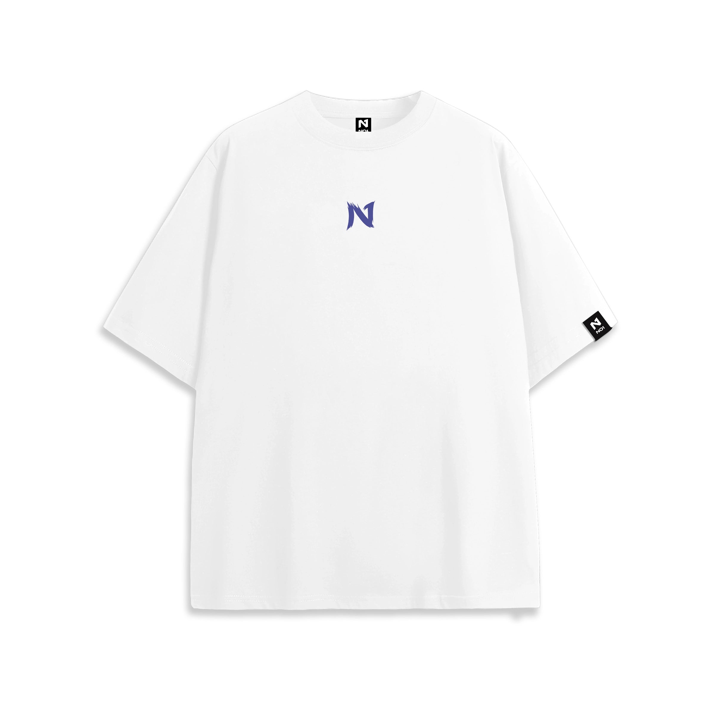 Front view of oversized white anime t-shirt with subtle minimalist design.