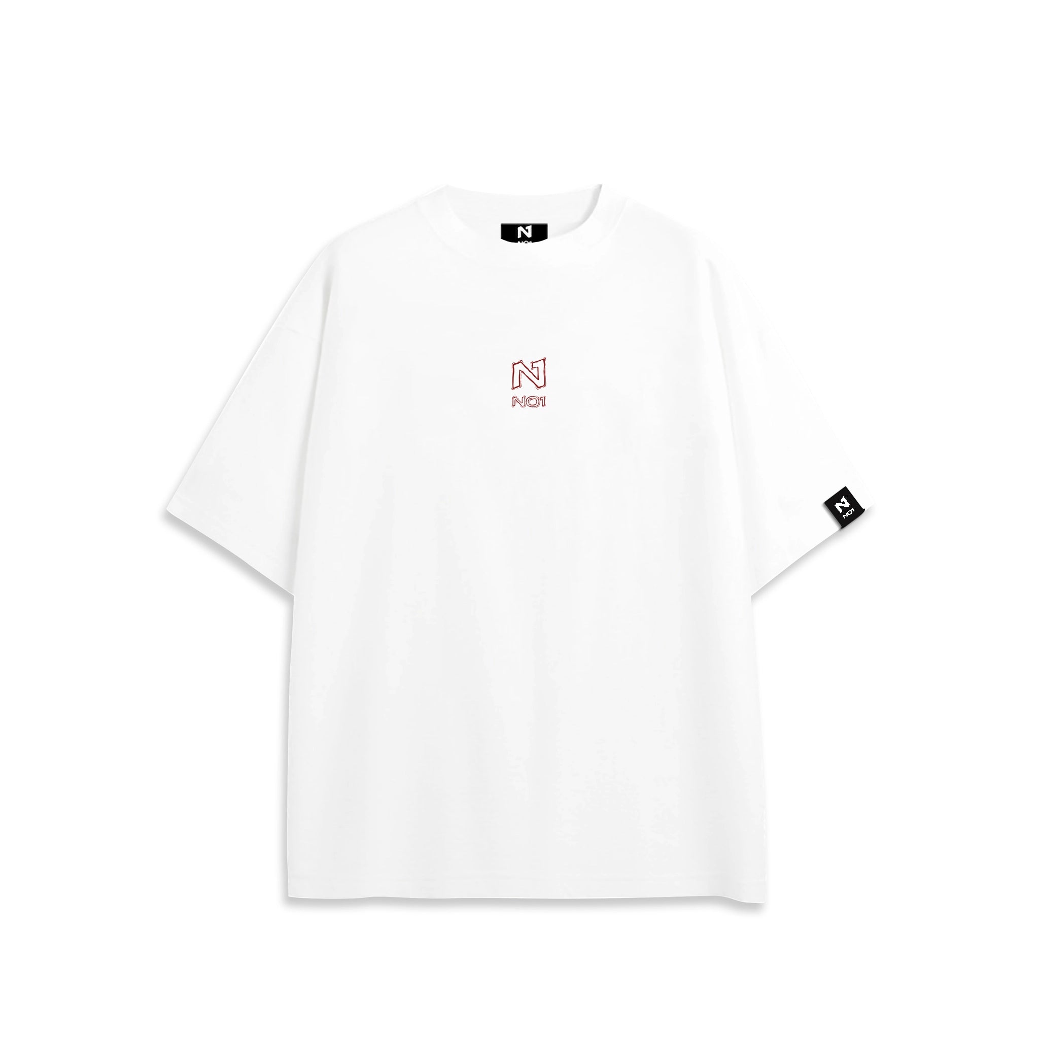 Front view of oversized white anime t-shirt with subtle minimalist design.